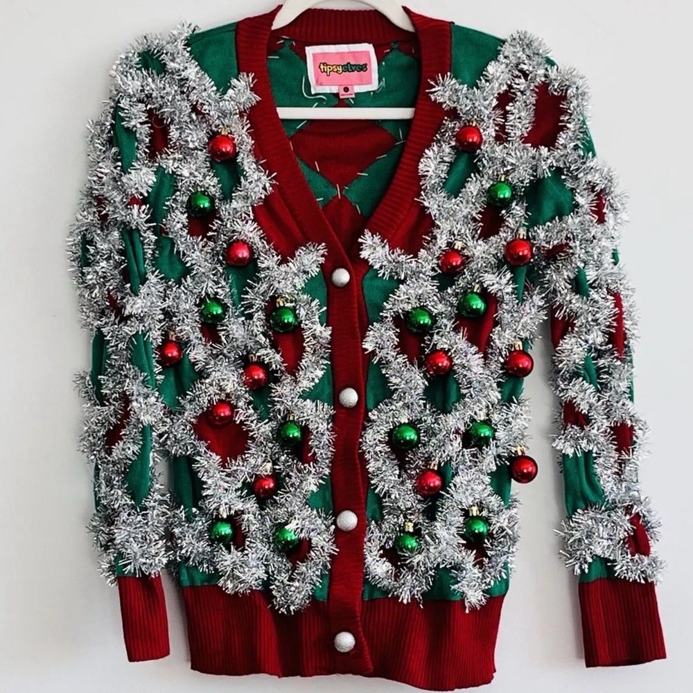 TIPSY ELVES WOMEN'S TACKY TINSEL CARDIGAN SWEATER SIZE L